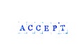 Blue ink of rubber stamp in word accept on white paper background