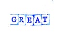 Blue ink of rubber stamp in word great on white paper background Royalty Free Stock Photo