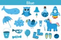 Blue color objects set. Learning colors for kids. Cute elements collection