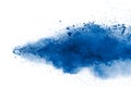 Blue color powder explosion cloud on white background.Closeup of Blue dust particles splash on background Royalty Free Stock Photo