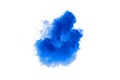 Blue color powder explosion cloud on white background.Blue dust particles splash Royalty Free Stock Photo