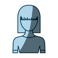 Blue color shading silhouette faceless half body young woman with straight medium hairstyle