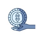 Blue color silhouette shading of hand palm giving a coin with dollar symbol Royalty Free Stock Photo