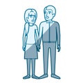 Blue color silhouette shading of man and woman standing and her with ponytail and him in casual clothes and both