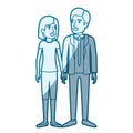 Blue color silhouette shading of man and woman standing and her with short hair and him in formal suit with tie