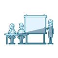Blue color silhouette shading with pair of women sitting in a desk for female executive orator in presentacion business