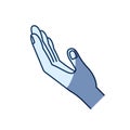 Blue color silhouette shading of side view left palm of hand in symbol receiving