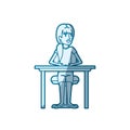 Blue color silhouette shading of woman with ponytail side hair and sitting in chair in desktop