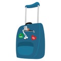 Blue Color Suitcase with Wheels and stickers. Luggage with travel documents and earphones coming out.