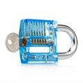 Blue color transparent padlock and keys isolated on white Royalty Free Stock Photo