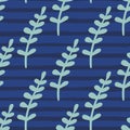 Blue colored branches elements seamless pattern in tropic ornament. Navy blue striped background