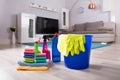 House Cleaning Products On Hardwood Floor Royalty Free Stock Photo
