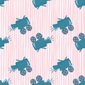 Blue colored camera shapes seamless pattern. Cinema simple elements on pink and white stripped background
