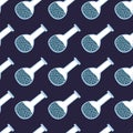 Blue colored flask seamless doodle pattern. Navy blue background. Chemical style print