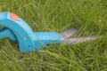 Grass shears or edging shears, lying in the lawn before its use.