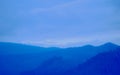 Blue colored hills sunless morning view with heavy fog covering pine tree forest and wispy cloud in the sky