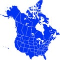 Blue colored North America outline map. Political north american map. Vector illustration