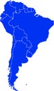 Blue colored South America outline map. Political south american map. Vector illustration