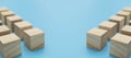 Blue colored square wooden cubes tiles wall texture background. Simple cubic shape assembled
