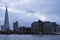 Blue colorful and calm autumn morning with river Thames and The Shard in London Royalty Free Stock Photo