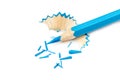 Blue colour pencil with colour shaving and blue dust on white Royalty Free Stock Photo