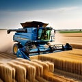 Blue combine harvester agriculture machine harvesting in a field