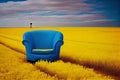 Blue comfortable chair is in front of field of yellow flowers.