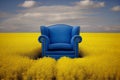 Blue comfortable chair is in front of field of yellow flowers.