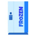 Blue commercial freezer with FROZEN sign. Simple flat design of a standing freezer. Kitchen appliance vector