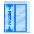 Blue commercial freezer with glass door and FROZEN sign. Supermarket frozen food section appliance vector illustration