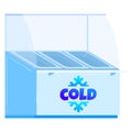 Blue commercial freezer with sliding glass lids on top, cold sign with snowflake. Shopping, storage equipment for frozen