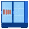 Blue commercial refrigerator with sausages hanging on shelf. Butcher s shop equipment. Store display cooler for meat