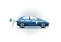 Blue compact electric car on a white background, featuring a stylized lightning bolt symbol on its Royalty Free Stock Photo