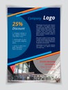 Blue company logo A4 brochure template. Orange red line and circle cyan textbox on indigo background.