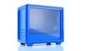 Blue computer case with transparent front panel and internal components on white background Royalty Free Stock Photo