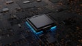 Blue computer electronic chip with blue glow, multiple filter effect, innovative page design, black background, top view,