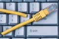 Blue computer keyboard with yellow network cable cutted off Royalty Free Stock Photo