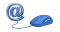 Blue computer mouse connected to a shiny blue at symbol isolated on white background Royalty Free Stock Photo