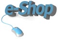 Blue computer mouse and e-shop word Royalty Free Stock Photo