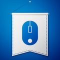 Blue Computer mouse icon isolated on blue background. Optical with wheel symbol. White pennant template. Vector Royalty Free Stock Photo