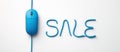 Blue computer mouse and string forming sale sign on white surface Royalty Free Stock Photo