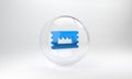 Blue Concert ticket icon isolated on grey background. Concert, party or festival ticket. Glass circle button. 3D render