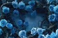 Blue concrete texture surface. Intricate creative floral frame with blue roses. Vignette fantasy rose frame