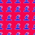 Blue Concussion, headache, dizziness, migraine icon isolated seamless pattern on red background. Vector