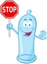 Blue Condom Character Holding A Stop Sign