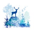 Deer in the forest blue silhouette. Vector illustration