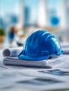 Blue construction helmet resting on a stack of architectural blueprints and plans in a bright office environment symbolizing Royalty Free Stock Photo
