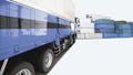 Blue container truck and container box in shipping logistic stat