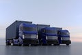 Blue container trucks arranged in line