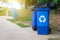 Blue containers for further processing of garbage. Garbage collection. Waste recycling concept. Sunlight Royalty Free Stock Photo